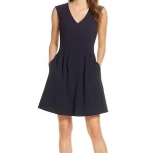 Vince Camuto Classic Fit & Flare V-Neck Sleeveless Dress 6 Navy Blue Modern